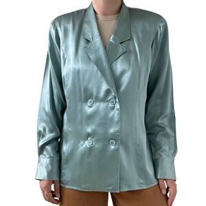 Vintage 80s Womens Blue Double Breasted 100% Silk Preppy Sexy Blouse Sz L